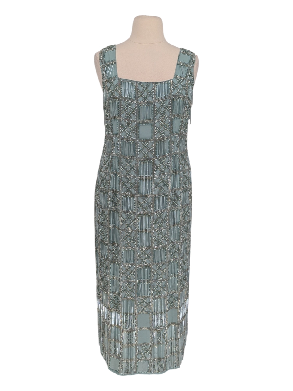 00588 Aarrange Beaded Column Maxi Dress Seafoam Green size 14 catsby retro glam